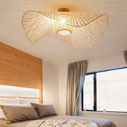 Rétro Lustres Lumière Naturelle De Bambou Et Plafonnier Rotin Vintage E27 Éclairage Plafond Tissées Main Pour Manger Chambre Salon Bar Café Pendentif Cuisine Lampe Suspendue Couloir Suspension,75Cm