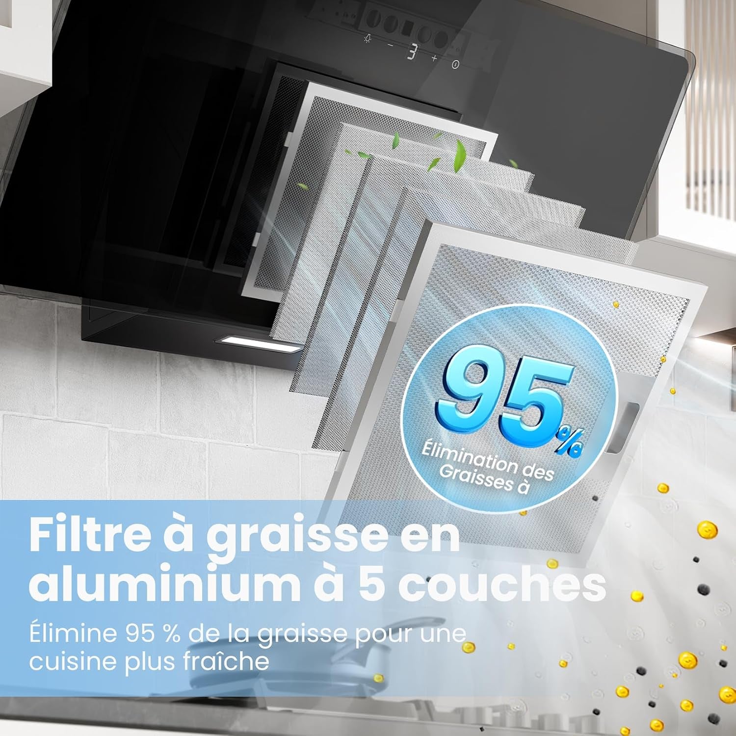 ' CH90J64ET4A2B2-EU Hotte Aspirante Inclinée, 620M³/H, 90Cm, A++ | 59 Db, Commande Tactile, 4 Vitesses, Recirculation Et Évacuation, Filtre Aluminium 5 Couches, LED, Noir, Verre Trempé
