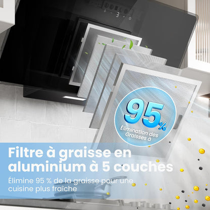 ' CH90J64ET4A2B2-EU Hotte Aspirante Inclinée, 620M³/H, 90Cm, A++ | 59 Db, Commande Tactile, 4 Vitesses, Recirculation Et Évacuation, Filtre Aluminium 5 Couches, LED, Noir, Verre Trempé