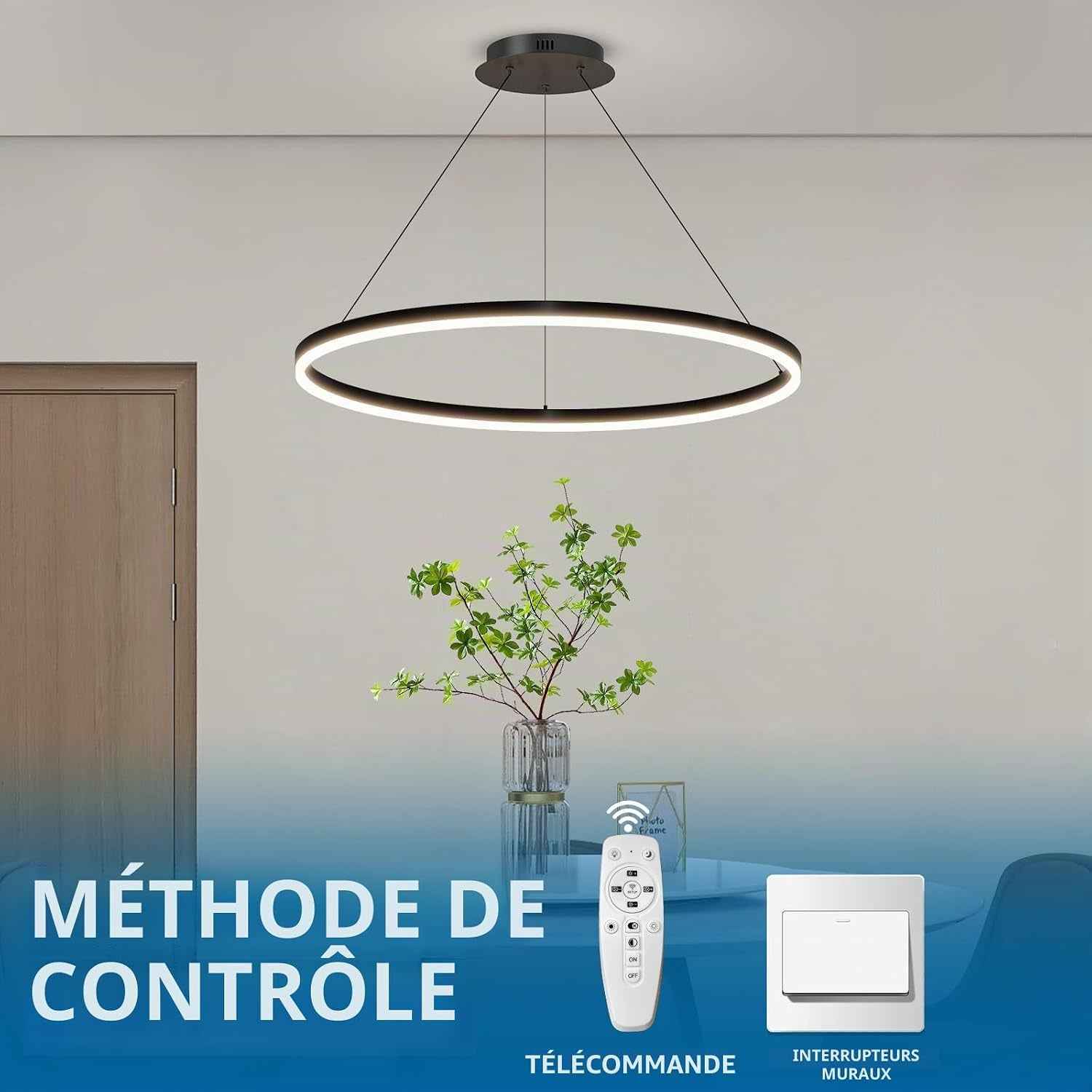 60Cm Luminaires Suspendus Pour Table À Manger Ronde, Lustre À Gradation De 10% À 100% Lampe Pendante De Cuisine LED 3000K/4500K/6500K Luminaire Suspendu Réglable En Hauteur Pour L'Île