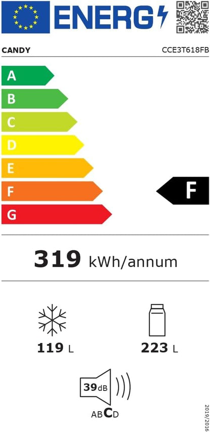 CCE3T618FB Réfrigérateur Combiné Fresco - Pose Libre, 344L, Total No Frost, Tiroir À Légumes, LED, Portes Réversibles, Hgauteur Réglable, 39 Db, Noir, Classe F