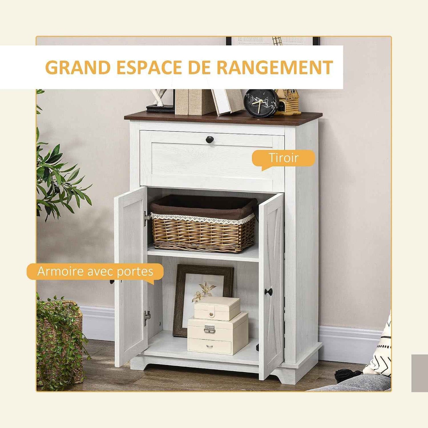 Buffet De Cuisine Multi-Rangements 2 Portes 60 X 30 X 87,5 Cm Blanc | Étagère Réglable, 1 Tiroir, Design Campagne, Pour Salon Chambre Cuisine