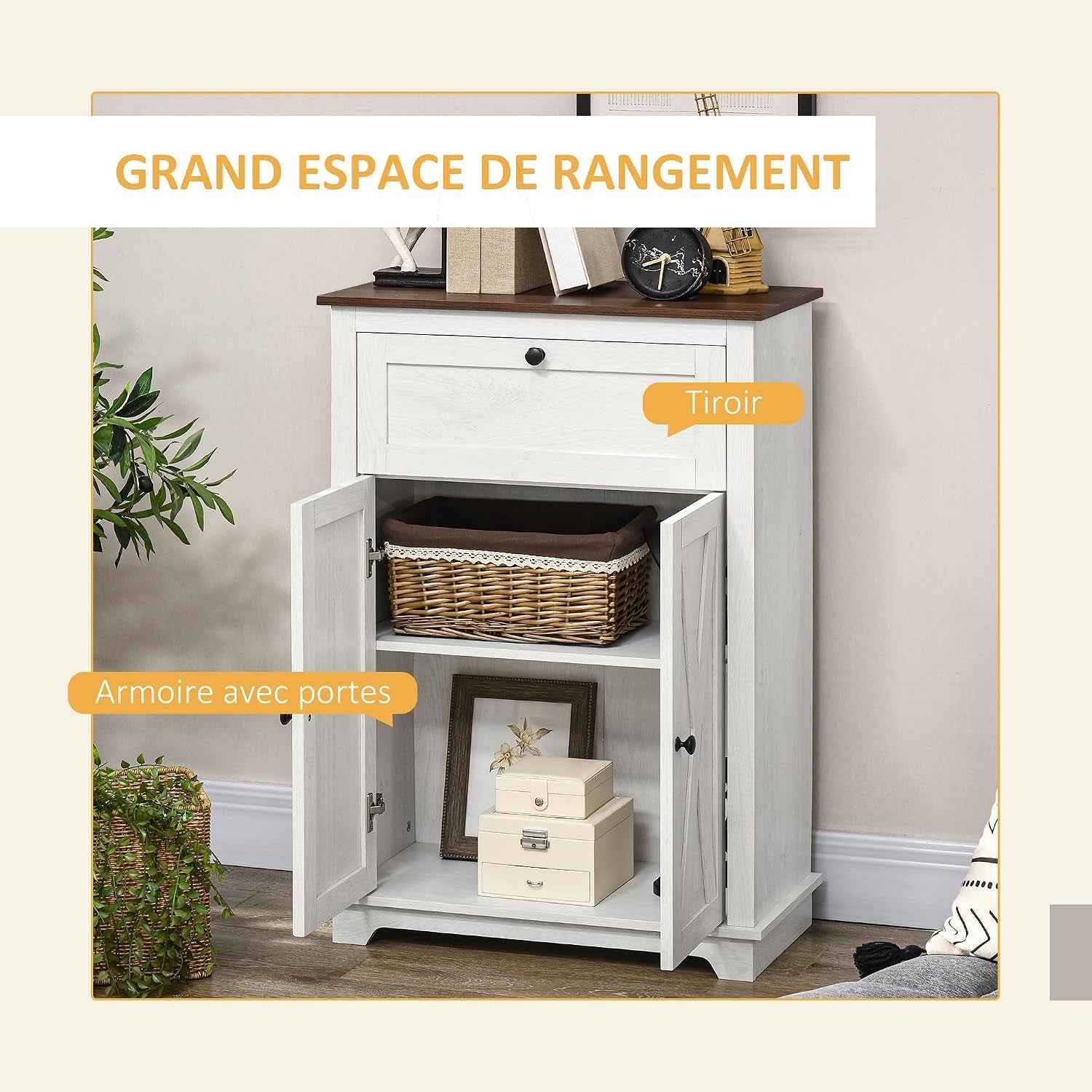 Buffet De Cuisine Multi-Rangements 2 Portes 60 X 30 X 87,5 Cm Blanc | Étagère Réglable, 1 Tiroir, Design Campagne, Pour Salon Chambre Cuisine