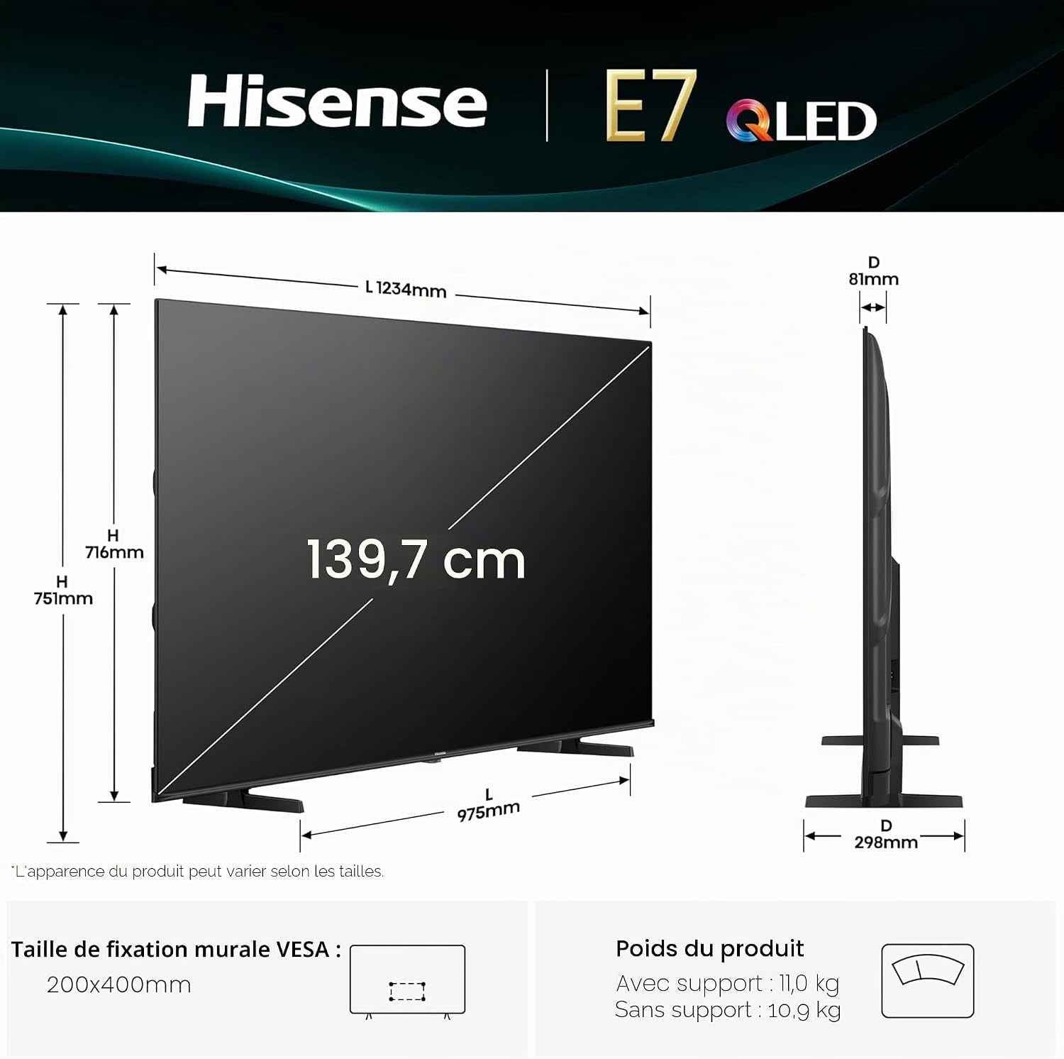 Hisense Smart TV 55 Pouces 55E7Q QLED 4K UHD Téléviseur, Dolby Vision Atmos, Mode Sport IA MEMC, HDR, VIDAA Avec Youtube, Netflix, Disney+, Canal +, Commande Vocale Alexa