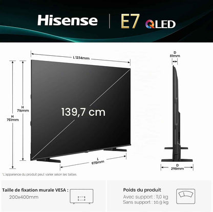 Hisense Smart TV 55 Pouces 55E7Q QLED 4K UHD Téléviseur, Dolby Vision Atmos, Mode Sport IA MEMC, HDR, VIDAA Avec Youtube, Netflix, Disney+, Canal +, Commande Vocale Alexa