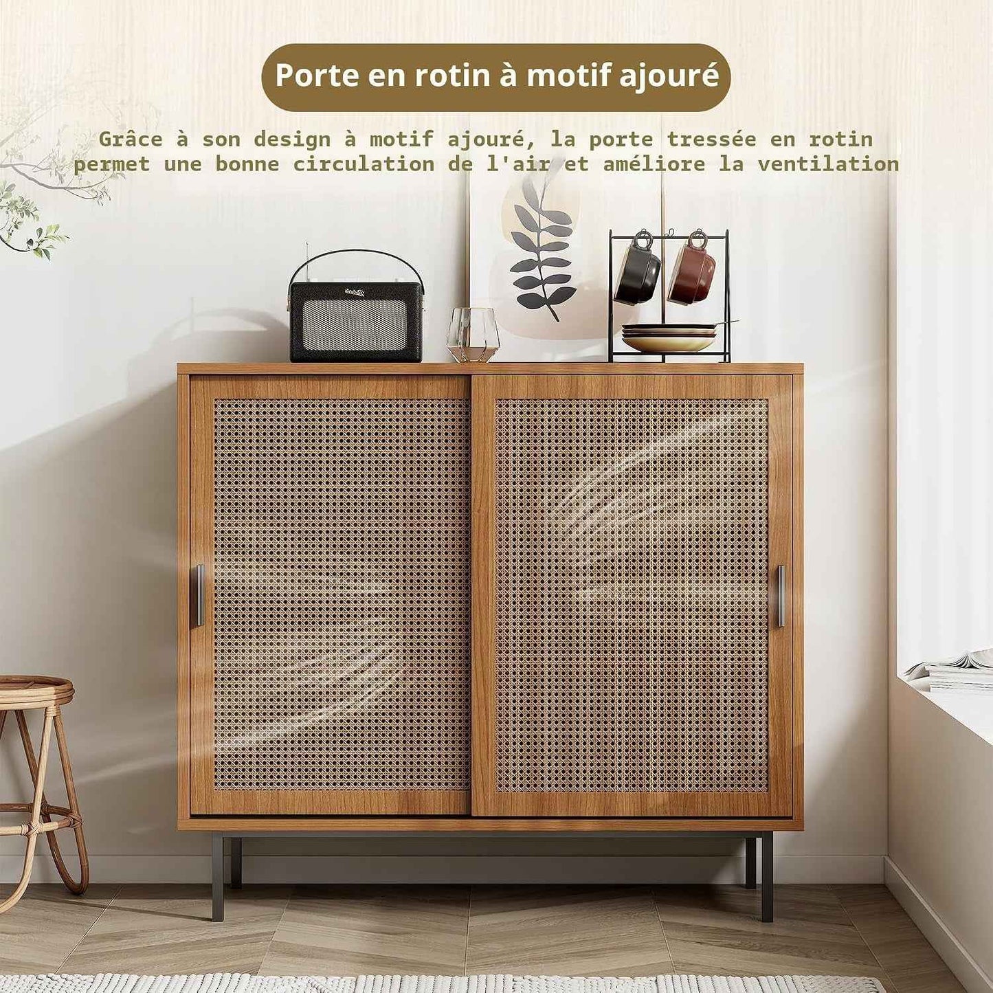 Sideboard Küchenschrank, Commode Avec 2 Portes Coulissantes, Ablage Réglable, Style Rustique, 100X90X37Cm