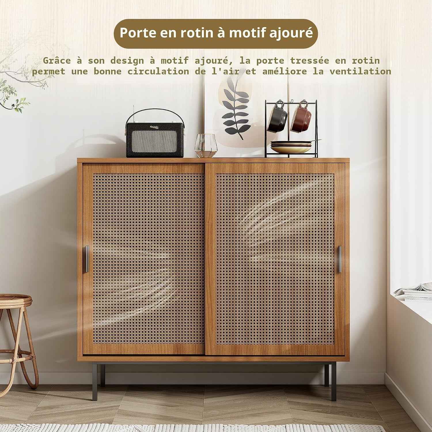 Sideboard Küchenschrank, Commode Avec 2 Portes Coulissantes, Ablage Réglable, Style Rustique, 100X90X37Cm