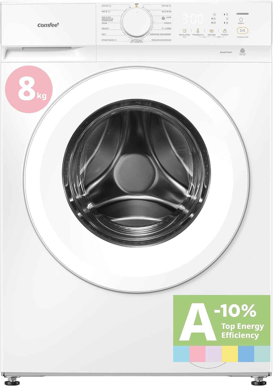 ' Machine À Laver 8KG Classe A-10% 1400RPM Smart Wash CF08EWP05W | Steam Wash, Woolmark, Élimination Des Poils D'Animaux, Rapide 15', Sports, Nettoyage Du Tambour, Parfum+