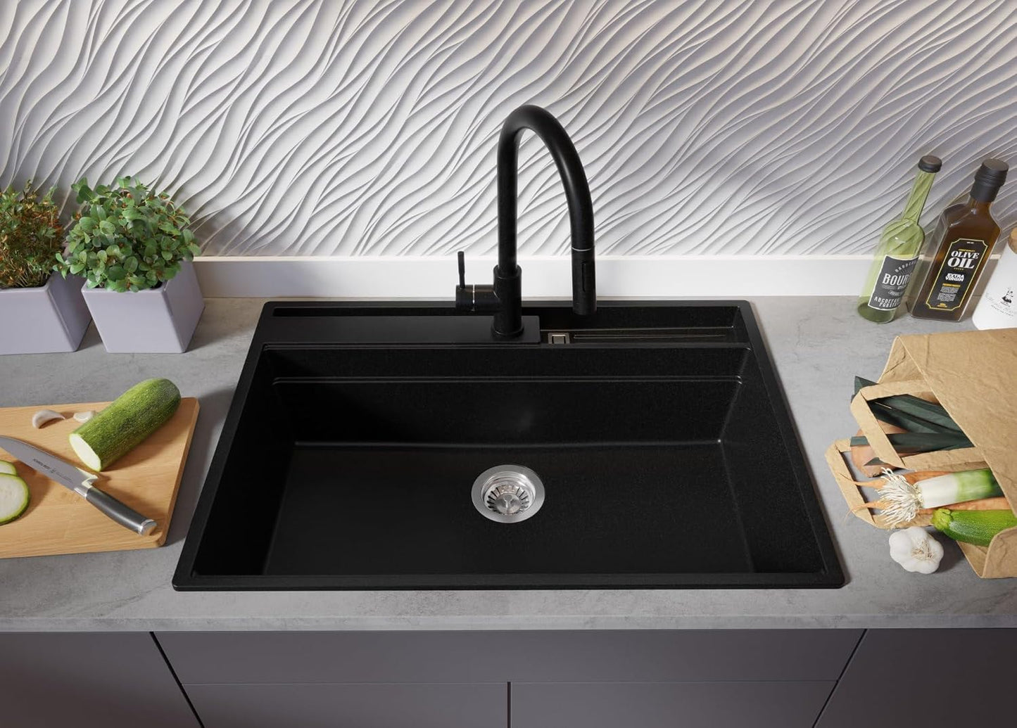Evier Cuisine En Granit Noir - Oslo, 78X53Cm | Lavabo 1 Bac + Kit D'Accessoires, Évier À Encastrer Au Meuble 80Cm (S335)