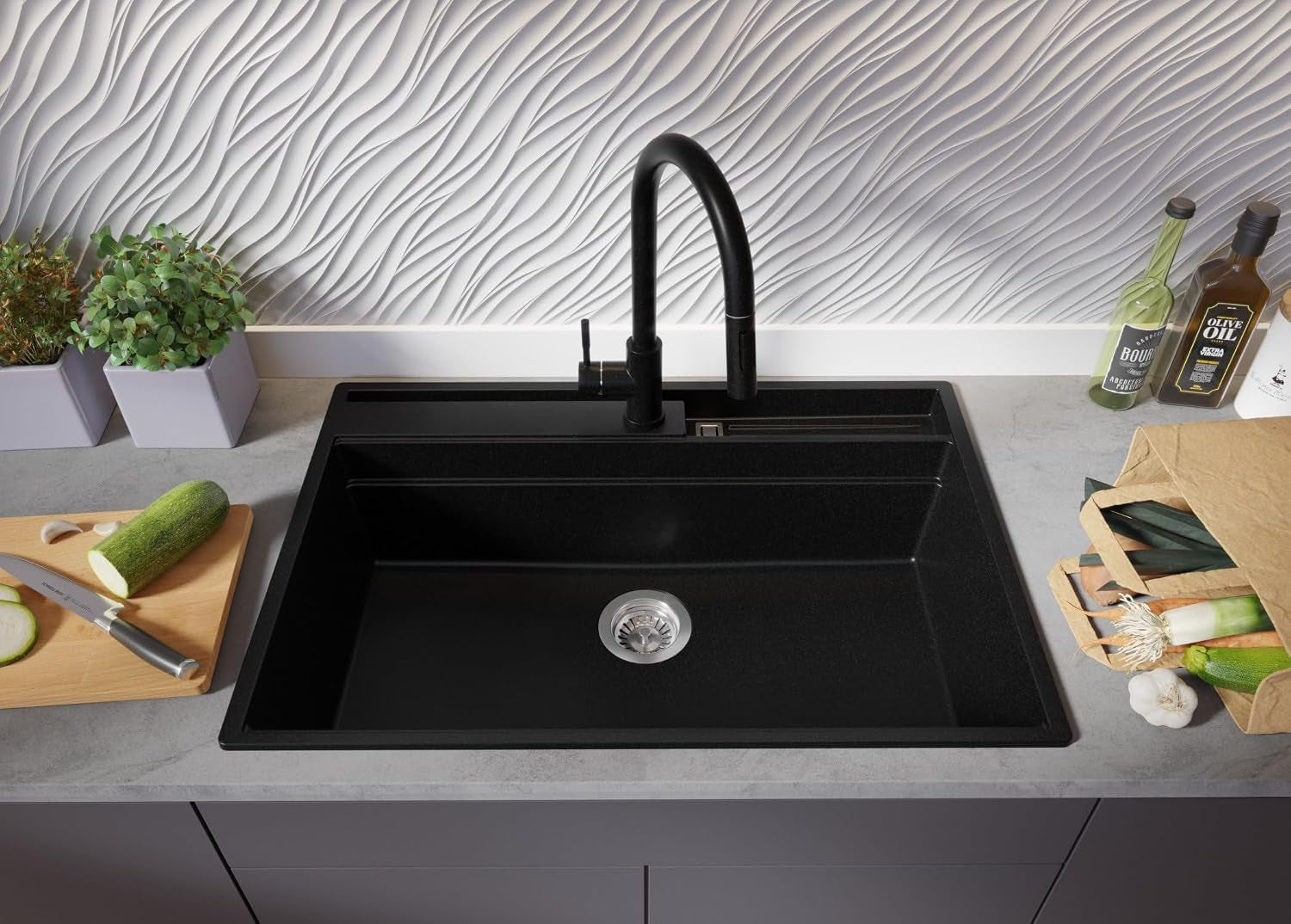 Evier Cuisine En Granit Noir - Oslo, 78X53Cm | Lavabo 1 Bac + Kit D'Accessoires, Évier À Encastrer Au Meuble 80Cm (S335)