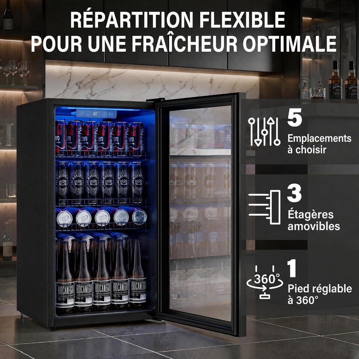 Réfrigérateur À Boissons 90L | Refroidissement Uniforme Et Sans Givre, 3 Étagères Réglables Pour 125 Canettes | Silencieux Pour Bar, Bureau & Maison – Noir