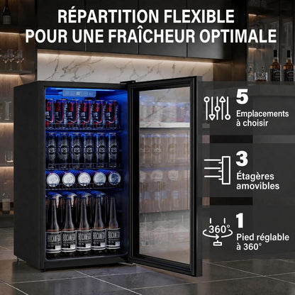 Réfrigérateur À Boissons 90L | Refroidissement Uniforme Et Sans Givre, 3 Étagères Réglables Pour 125 Canettes | Silencieux Pour Bar, Bureau & Maison – Noir