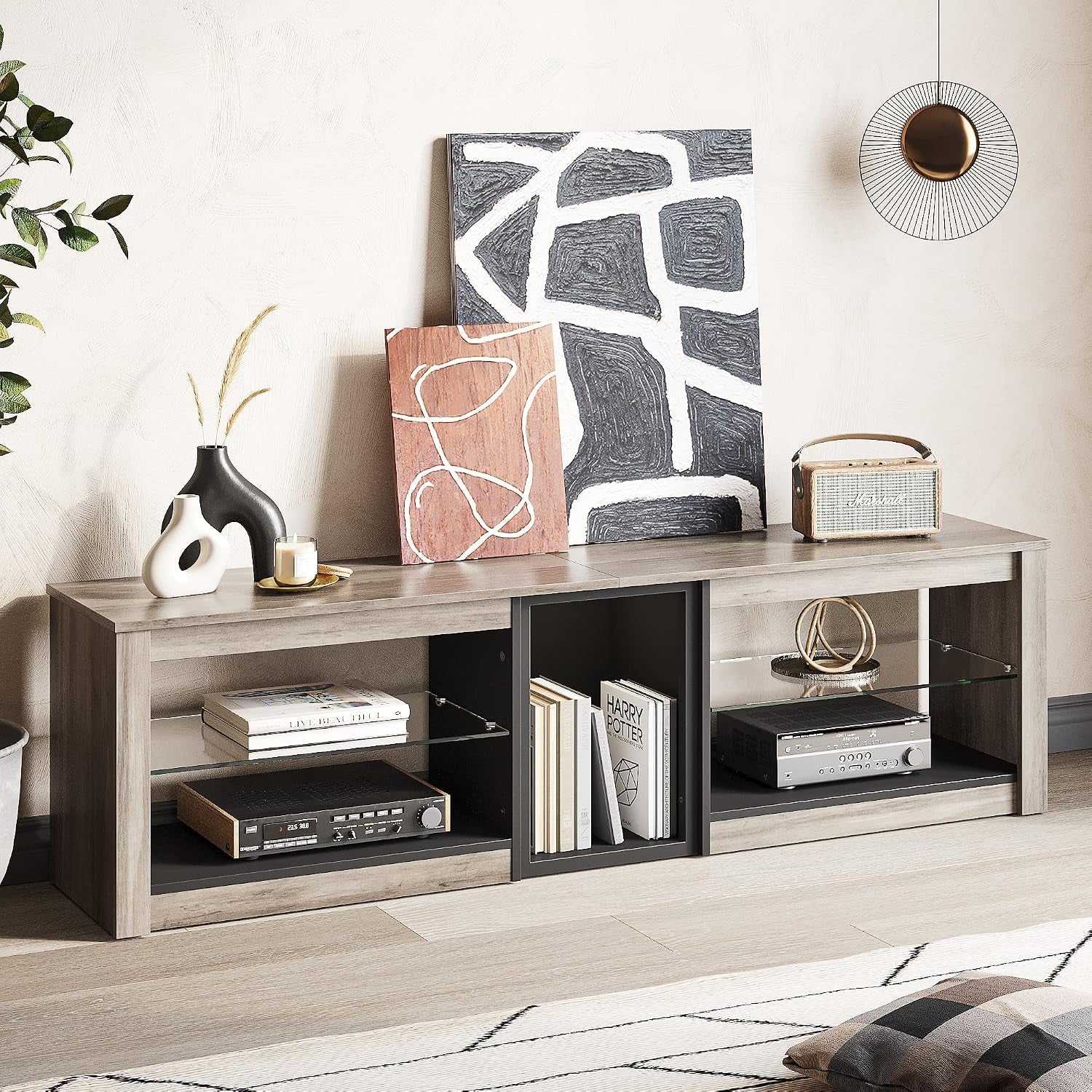 Meuble TV Bas Pour Téléviseurs 65" Et plus Petits, 160 X 35 X 52 Cm, Meuble TV Avec Lumières LED RVB, Table TV Avec Gestion Des Câbles Intégrée, Plateau En Verre Réglable