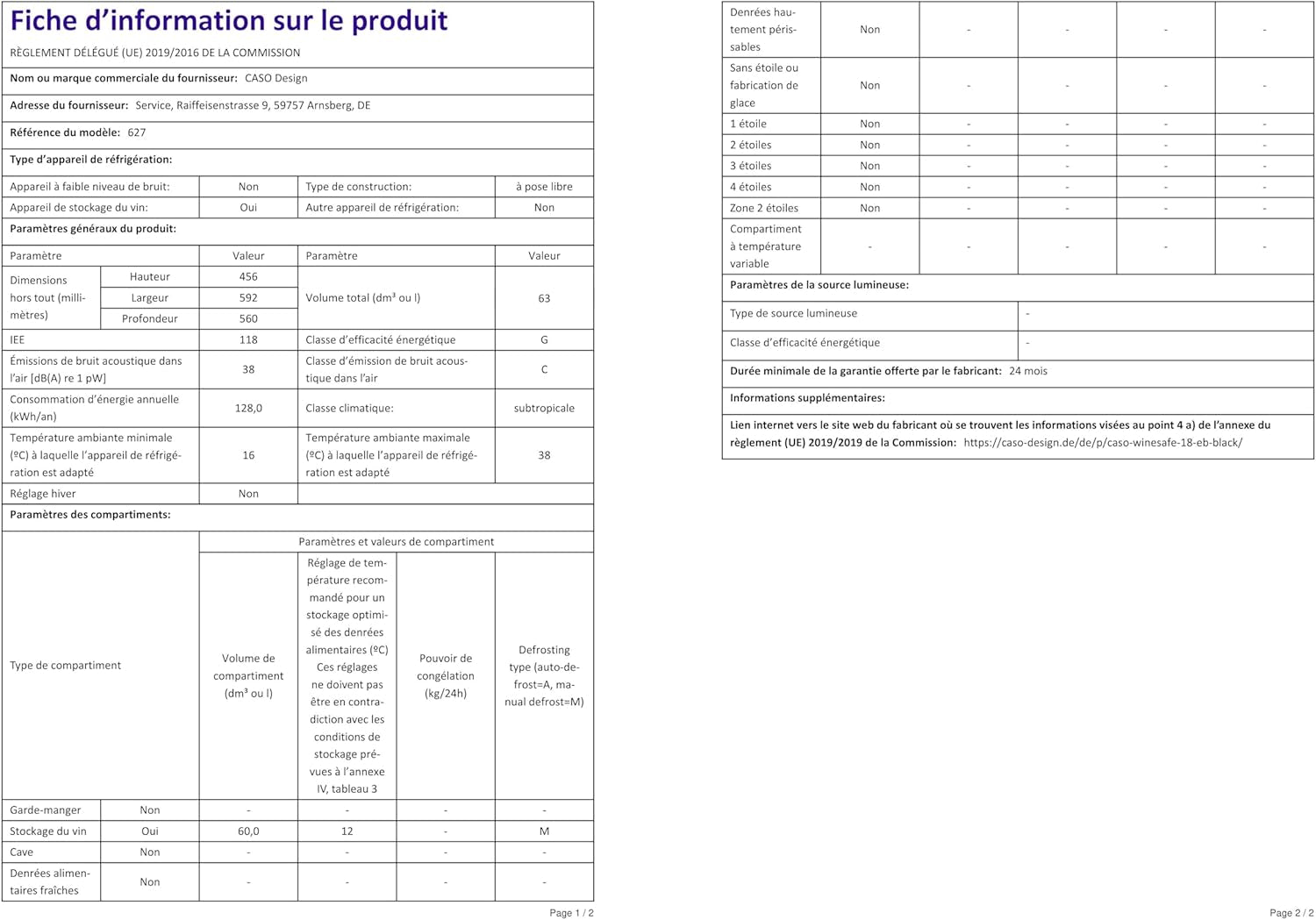 Caso 627 Vin Réfrigérateur Montage Encastré ()/A/44,5 Cm/138 Kwh/An/18 Bouteilles Partie Réfrigérateur/Congélateur Partie Isotherme/Électronique De Température Réglable De 5–20 °C/Noir