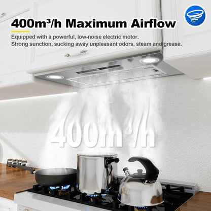 Hotte Aspirante 52Cm Encastrable, 400M³/H Hotte Cuisine, 3 Vitesses & Fonction Booster, Gestuelle, Tactile, Éclairage LED, Évacuation & Recyclage D'Air Avec Filtre À Charbon Et Conduit
