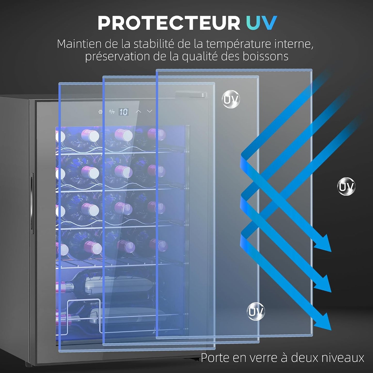 Cave À Vin 20 Bouteilles 53L Réfrigérateur À Vin Silencieux Noir | Porte En Verre, Éclairage LED, Écran Tactile Numérique, Mini Frigo, Contrôle De La Température 5-18°C, Protection UV