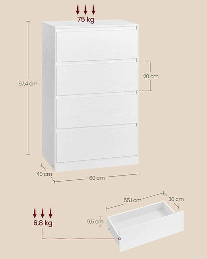 Kailyn Collection - Commode Chambre 4 Tiroirs, Armoire De Rangement, Meuble À Vêtements, 40 X 60 X 97,4 Cm, Style Moderne, Blanc Neige LTS614WE02V1