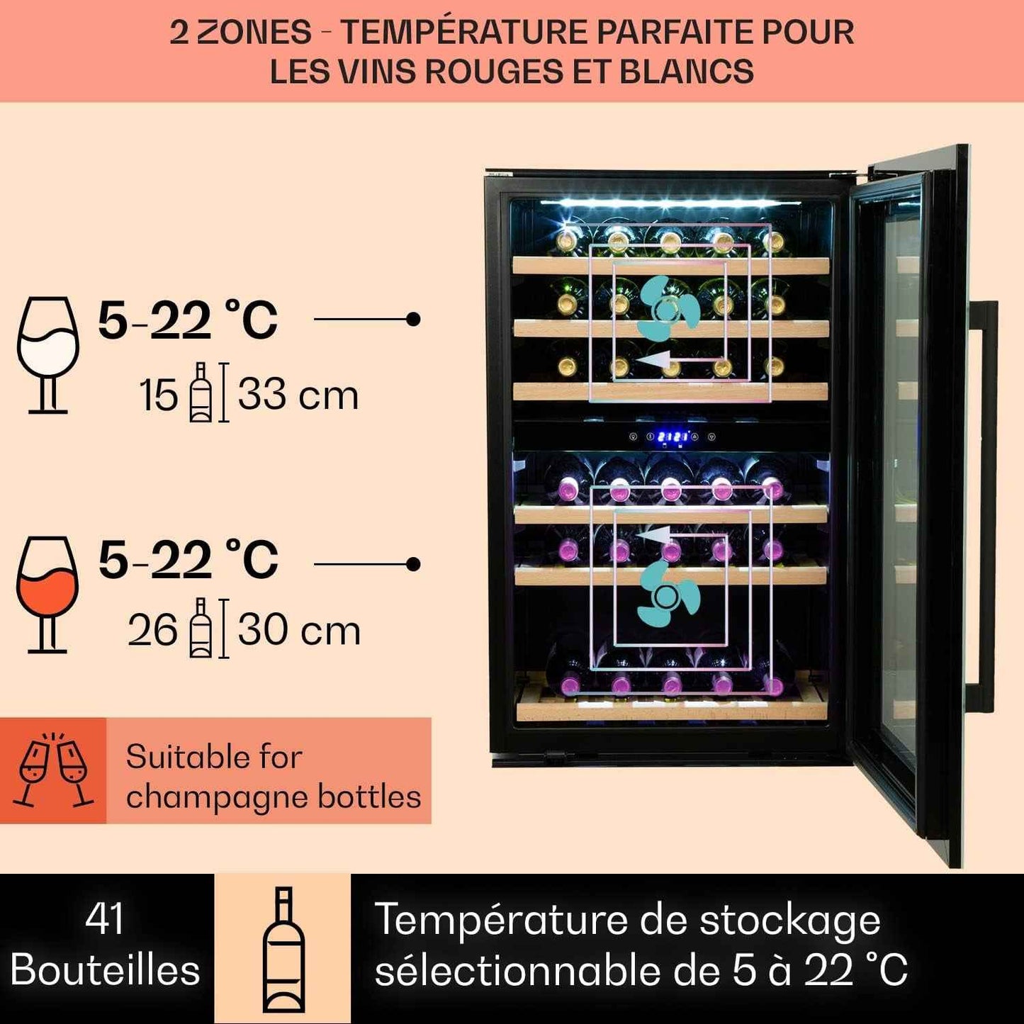 Cave a Vin Encastrable, Caves À Vin De 132L Avec Une Porte En Verre, Cave a Vins À Double Zone, Bar Intérieur/Extérieur, Frigo a De Vieillissement, À 41 Bouteilles