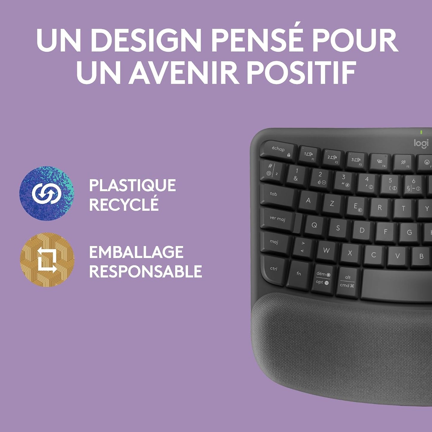Wave Keys - Clavier Ergonomique Sans Fil (Graphite) | Repose-Poignets Rembourré, Frappe Naturelle, Easy-Switch, Bluetooth, Récepteur Logi Bolt, Multi-Se, Windows/Mac, AZERTY