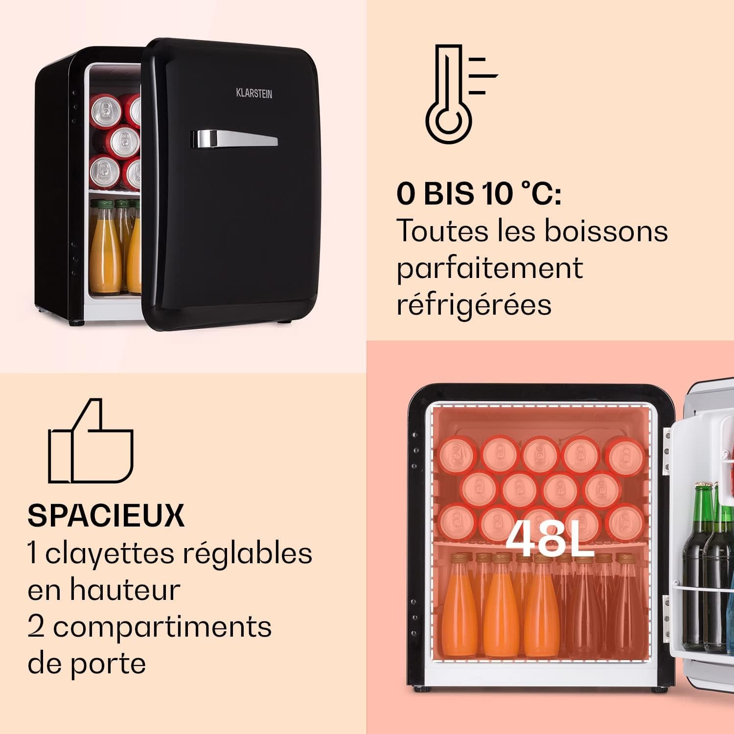 Mini Frigo De Chambre Pour Boissons, Petit Frigo Silencieux, Design Vintage, Mini Bar Intérieur, Bières, Petit Refrigerateur Camping, Bureau, Dégivrage Manuel, Frigo Cosmetique, 0-10°C, 48L