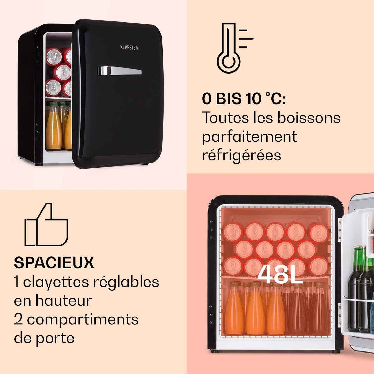 KLARSTEIN Mini Frigo De Chambre Pour Boissons, Petit Frigo Silencieux, Design Vintage, Mini Bar Intérieur, Bières, Petit Refrigerateur Camping, Bureau, Dégivrage Manuel, Cosmetique, 0-10°C, 48L