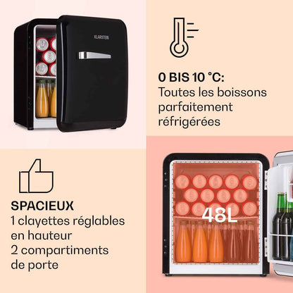 KLARSTEIN Mini Frigo De Chambre Pour Boissons, Petit Frigo Silencieux, Design Vintage, Mini Bar Intérieur, Bières, Petit Refrigerateur Camping, Bureau, Dégivrage Manuel, Cosmetique, 0-10°C, 48L