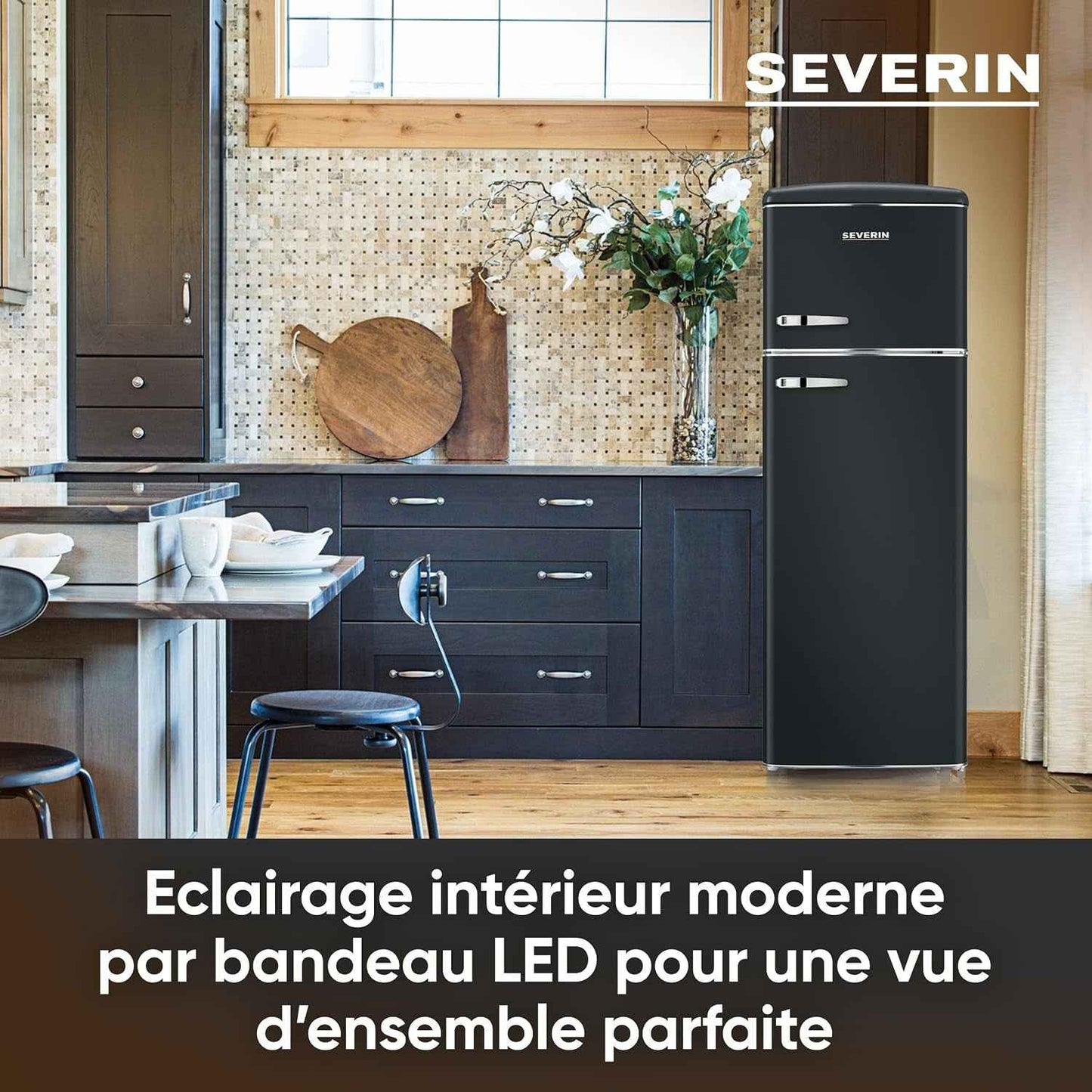 Réfrigérateur Congélateur 2 Portes, Pose Libre, Réfrigérateur Double Porte Avec Congélateur Largeur 55 Cm, 246 L, Classe D, Look Rétro, Noir Mat, RKG 8984