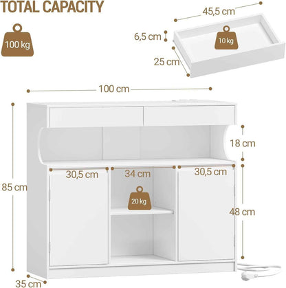 Meuble Cuisine, Buffet, Avec Multiprise Et Éclairage LED | Meuble De Rangement, 2 Tiroirs Et 2 Portes, Placard, Cuisine, Salon, 35 X 100 X 85 Cm, Blanc SC64903X