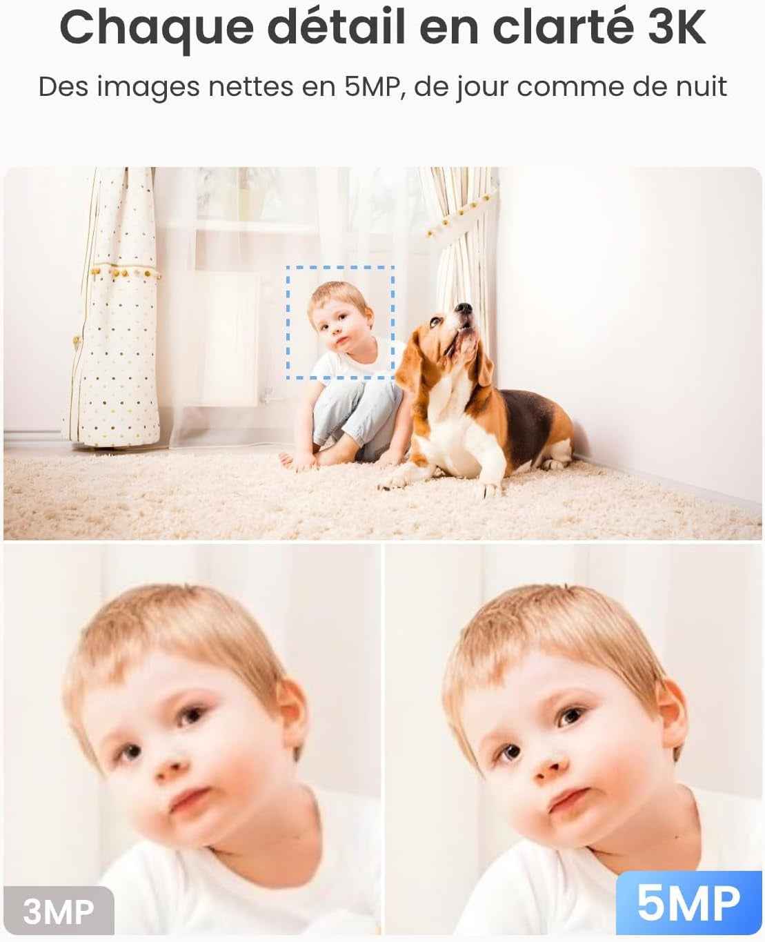 3K 5MP Caméra Surveillance Wifi Intérieure 360° PT, E1 Pro | Suivi Automatique, Détéction De Personne/Animal/Pleurs De Bébé, Wi-Fi 2,4/5 Ghz, Vision Nocturne, Audio Bidirectionnel.