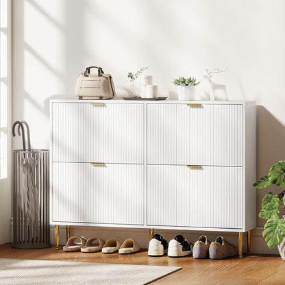 Meuble À Chaussures 20 Paires 4 Tiroirs 105 X 24 X 91,5 Cm Blanc | Armoire À Chaussures Étroite Moderne, Portes Cannelées, Étagères Réglables, Pour Couloir Et Entrée