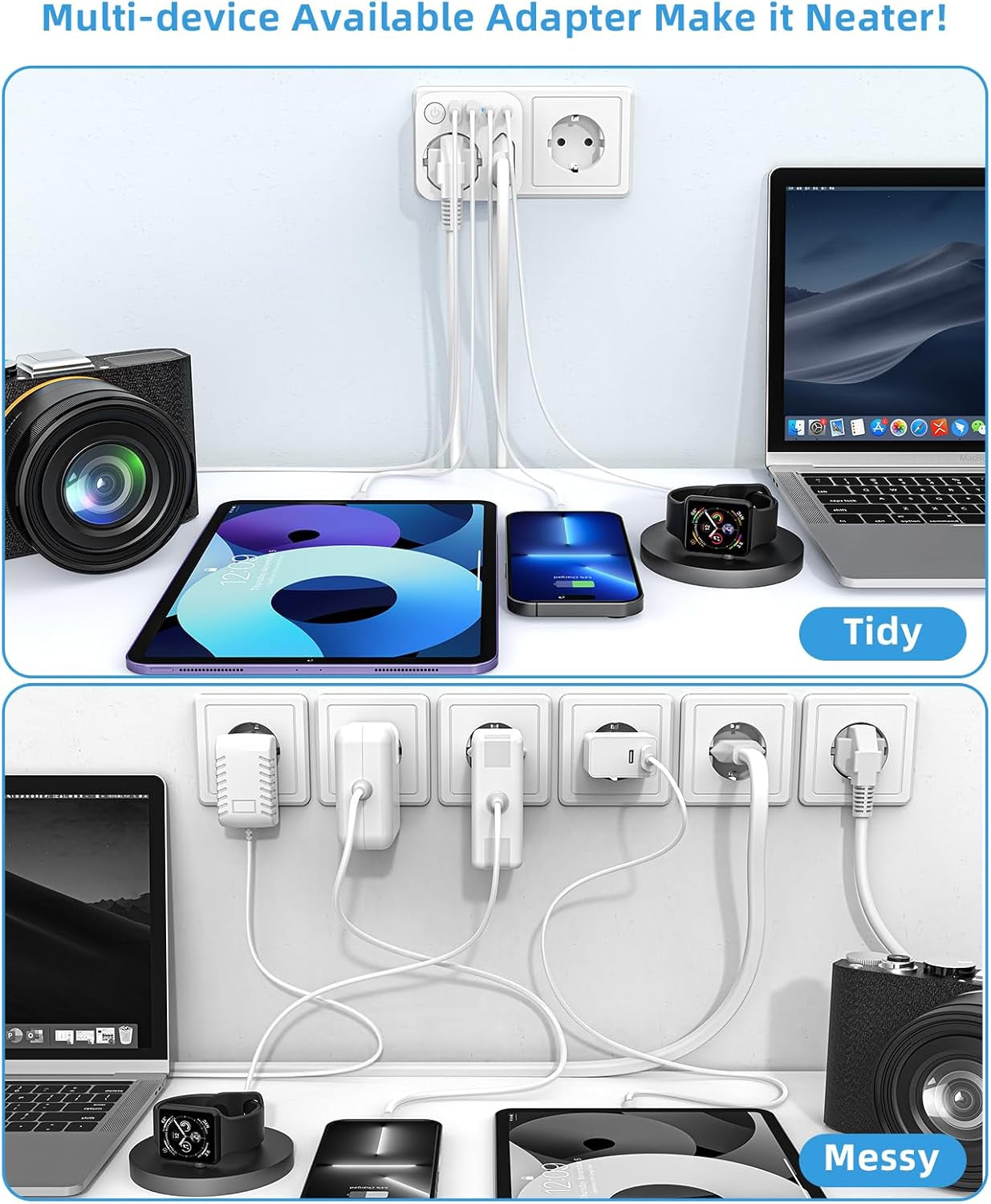 6 En 1 Multiprise Murale Avec 4 USB (2 Type-C), Adaptateur Secteur 2 Prises Avec Interrupteur Electrique Idéal Bureau, Blanc | 2 Prises Multiprises, Double Prise Pour Prise Murale