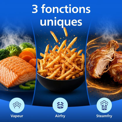 Airfryer 5000 - Air Fryer Panier Flexible 9.5L, Cuisson Vapeur | Megabasket 9.5L Ou 3+6L, Séparateur Amovible, 28 Modes,Technologie Rapidair & Steamfry, Auto Steamclean, Inox (NA565/00)
