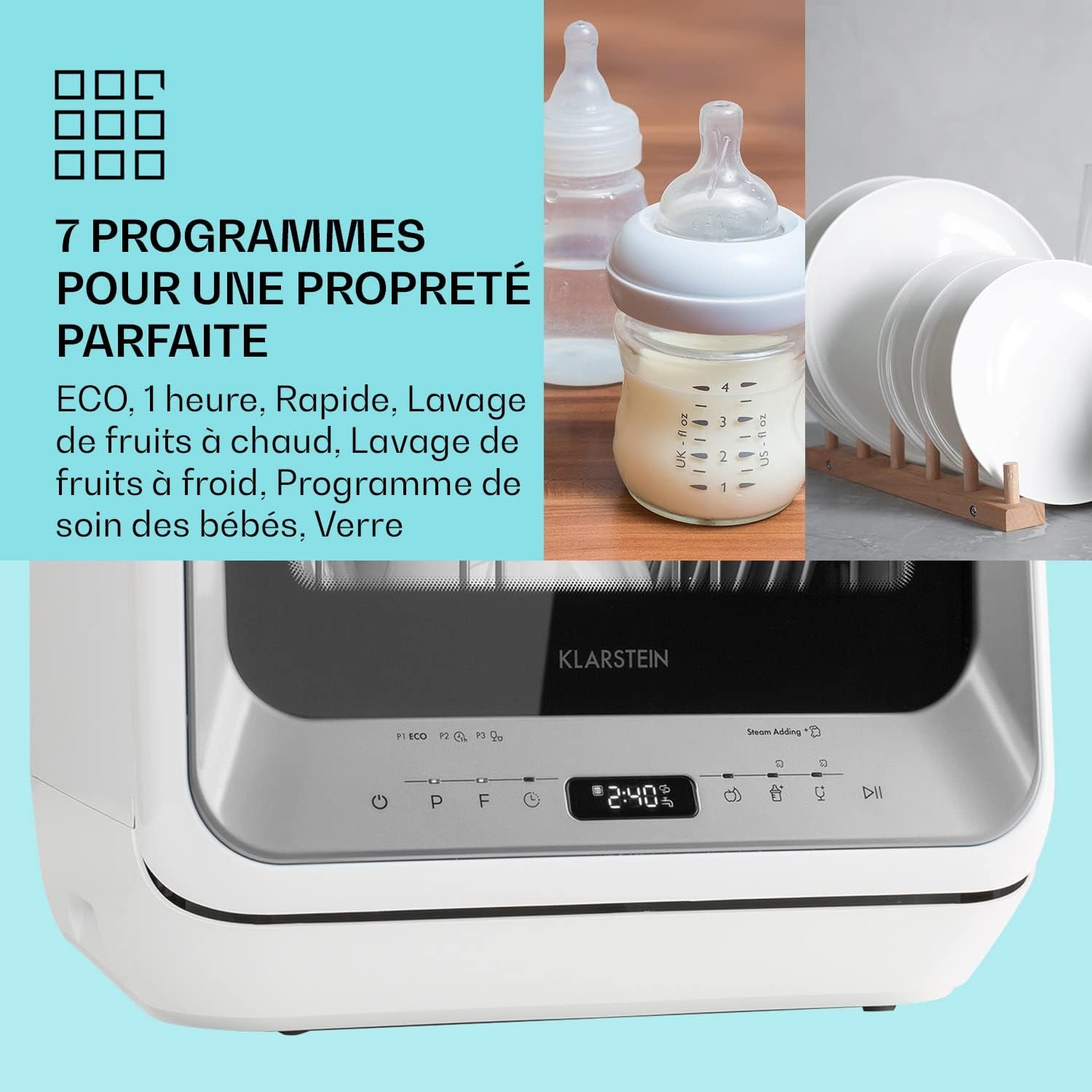 Mini Lave Vaisselle De 2 Couvert, Lave-Vaisselles Silencieux, 7 Programmes De Lavage, Petit Lave-Vaisselle De Table Compact, Lave Vaisselle Portable, Facile À Installer Pour Maison, Bureau