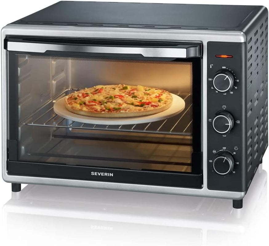 Mini-Four À Chaleur Tournante 42 L Avec Pierre À Pizza Et Tournebroche, Four Posable 1 800 W Design Élégant, Électrique Avec Minuteur 120 Min, Noir/Inox, to 2058