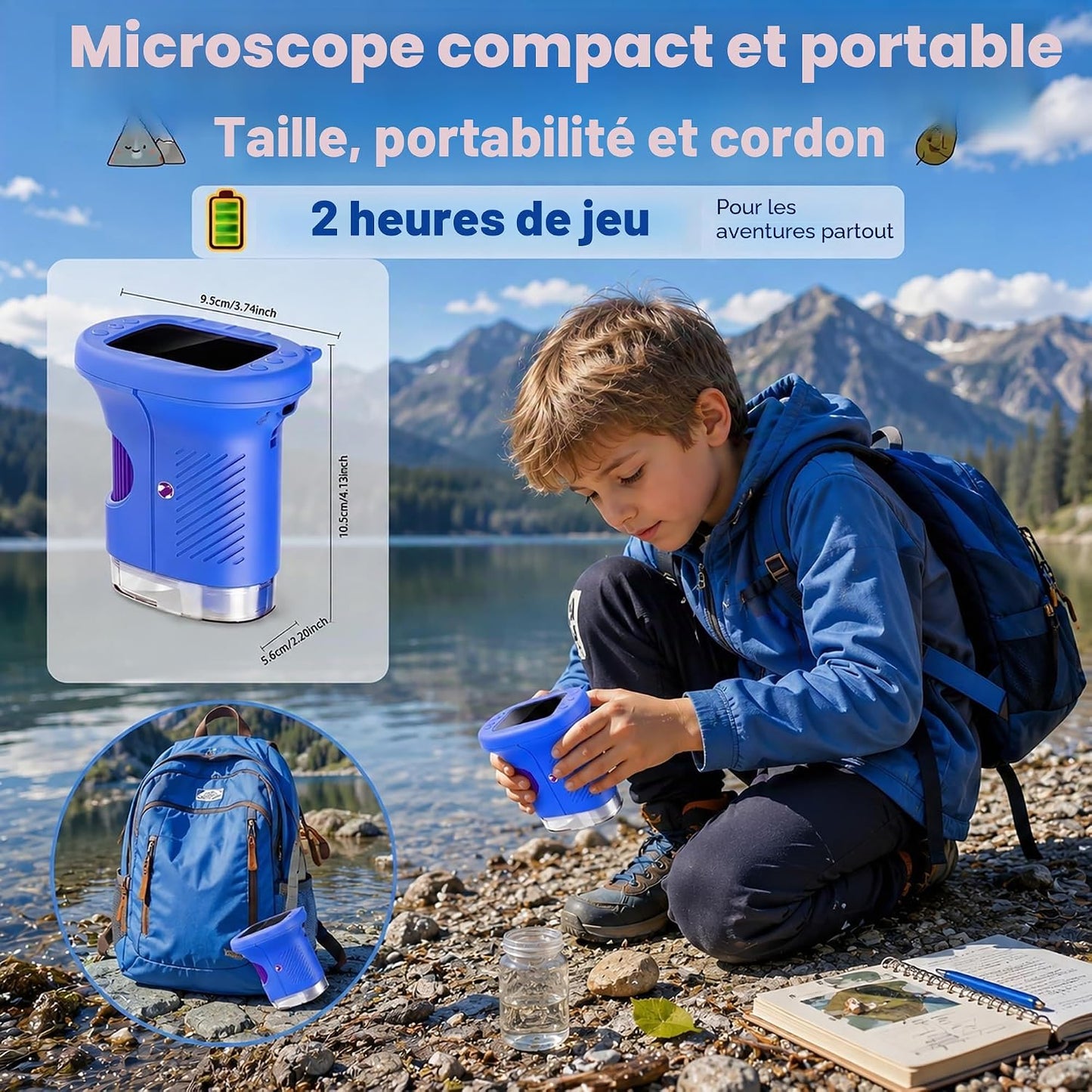 Microscope Enfant, Microscope Numérique Portable 1000X 4K Avec Écran IPS 2,4", 8 LED, USB Rechargeable, Jouet Éducatif Scientifique STEM, Cadeau Anniversaire Fille Garçon 3-12 Ans, Bleu