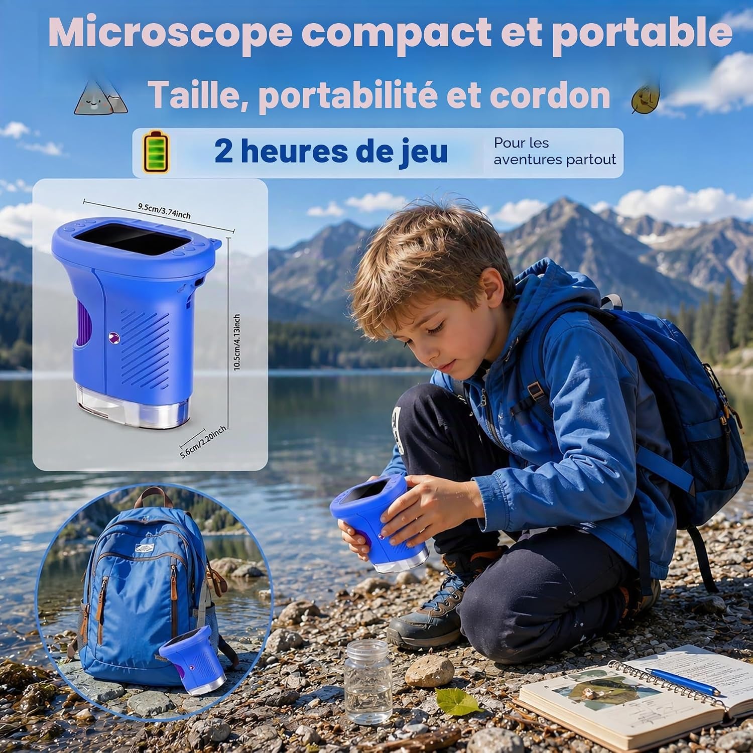 Microscope Enfant, Microscope Numérique Portable 1000X 4K Avec Écran IPS 2,4", 8 LED, USB Rechargeable, Jouet Éducatif Scientifique STEM, Cadeau Anniversaire Fille Garçon 3-12 Ans, Bleu