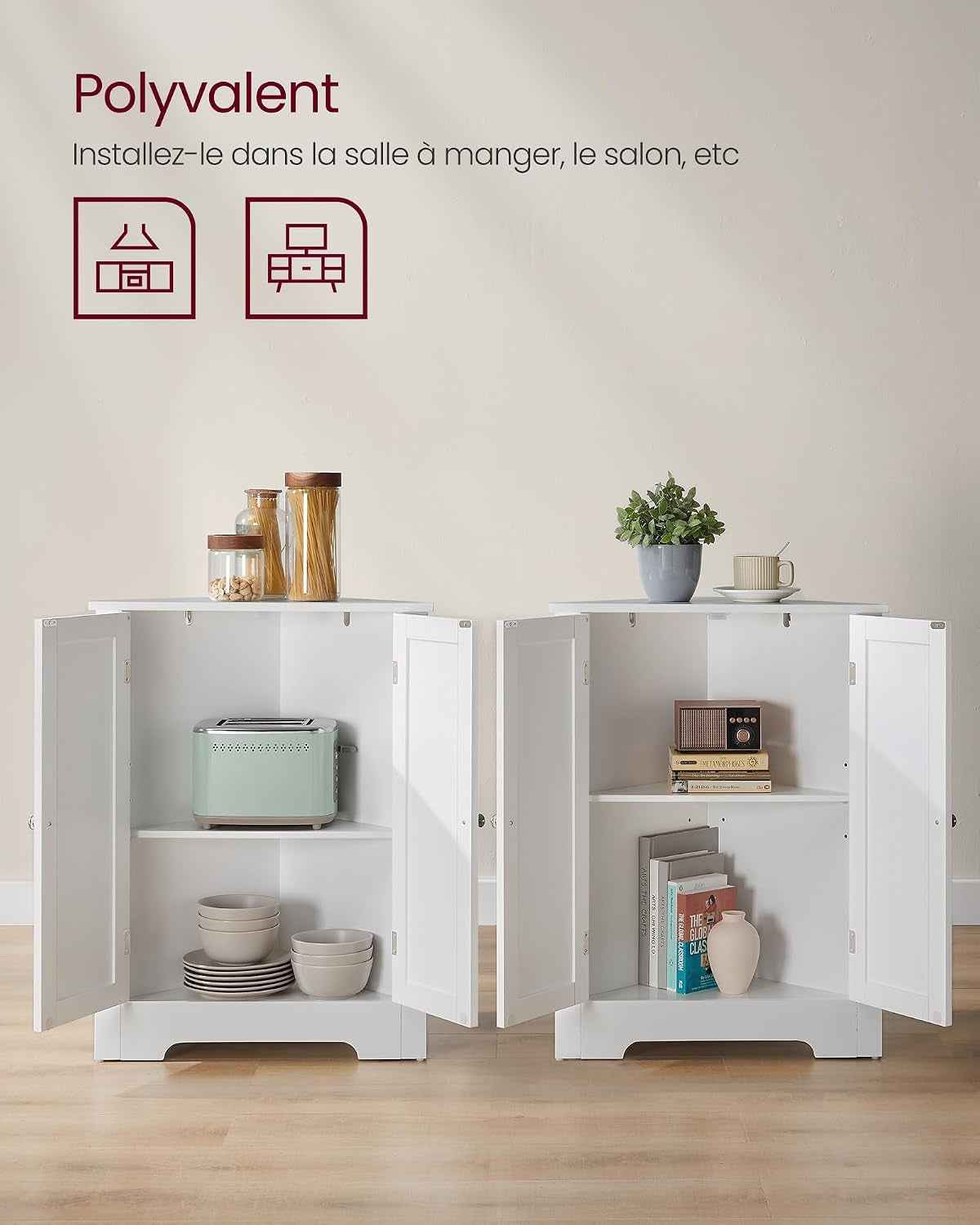 D’Angle, Meuble Portes Et Étagère Réglable, Pour Salle De Bain, Cuisine, Salon, Design Campagne Moderne, Blanc Nuage BBC844P31, 60 × 33,6 × 80 Cm