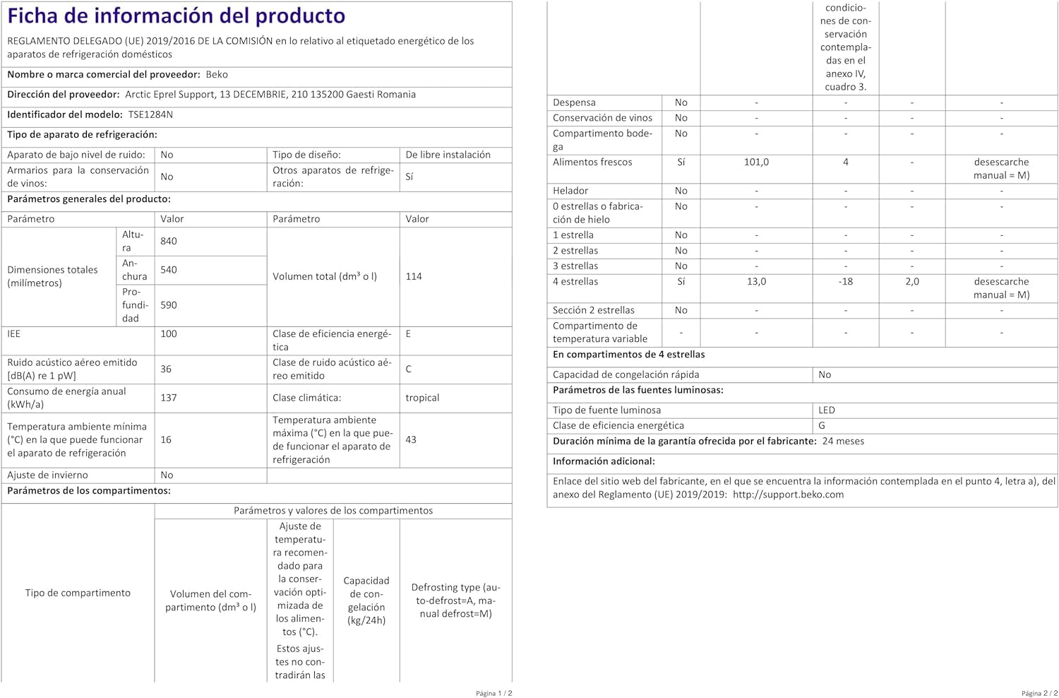 Beko TSE1284N Réfrigérateur Table Top - Volume Total 114L : 101L (Réfrigération) + 13L (Congélation), Compartiment Congélation 4 Étoiles, Minfrost, Charnière De Porte Réversible, Blanc