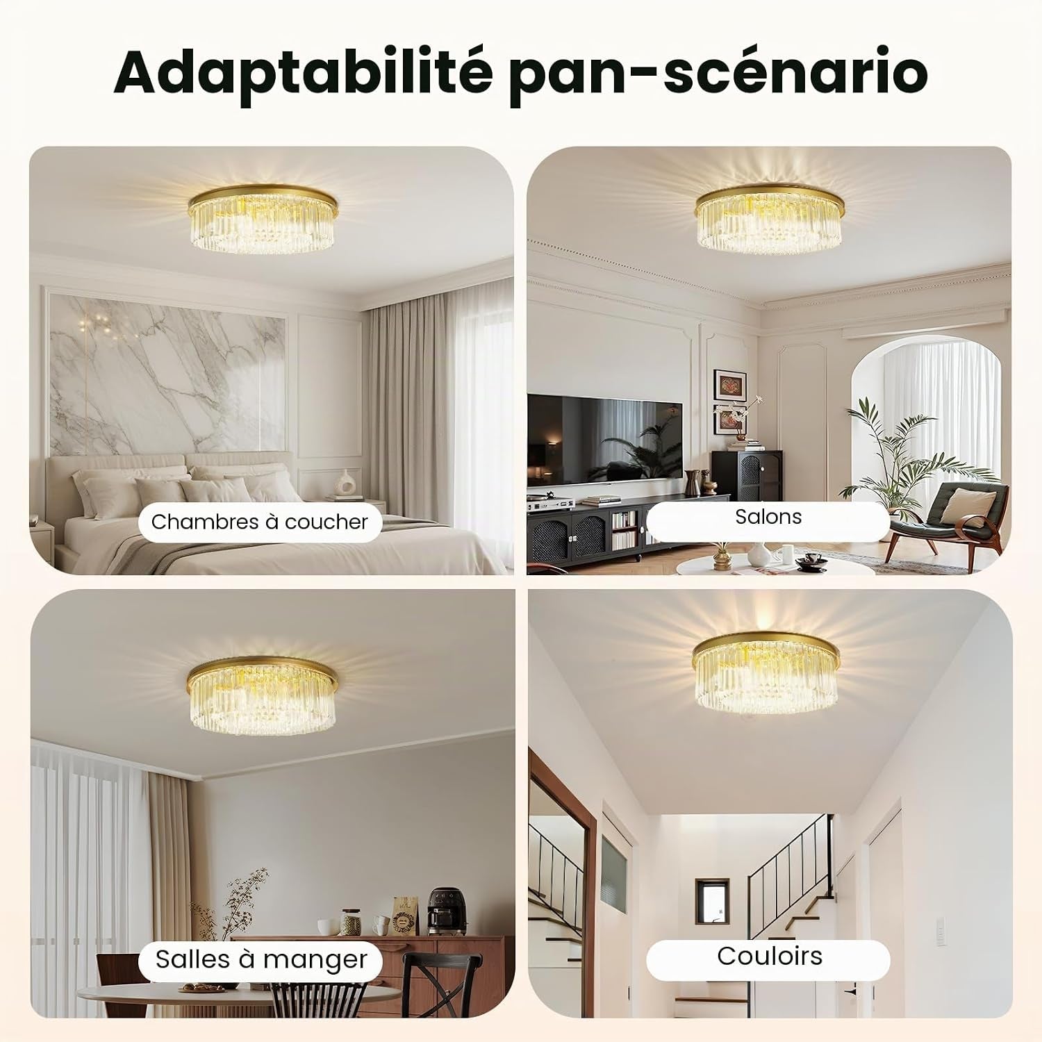 Plafonnier En Cristal De 60 Cm, Lustre Doré, Lustre Chambre, Lampe Ronde LED, Plafond Transparent, E14