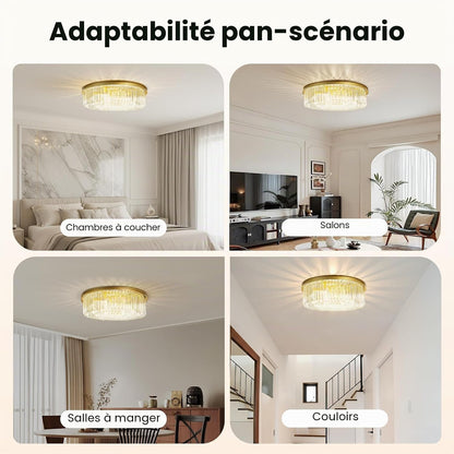 Plafonnier En Cristal De 60 Cm, Lustre Doré, Lustre Chambre, Lampe Ronde LED, Plafond Transparent, E14