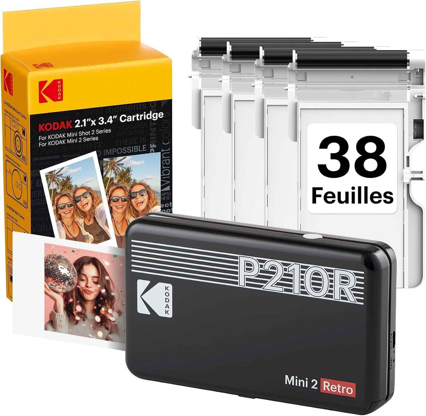 Imprimante Photo Portable  Mini 2 Retro 4PASS (5,3 X 8,6 Cm) + Paquet De 38 Feuilles, Noir | Compatible Bluetooth, Iphone Et Smartphone Android, Résistant Aux Taches, Résistant À L'Eau, Résistant À La Décoloration