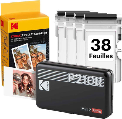 Imprimante Photo Portable  Mini 2 Retro 4PASS (5,3 X 8,6 Cm) + Paquet De 38 Feuilles, Noir | Compatible Bluetooth, Iphone Et Smartphone Android, Résistant Aux Taches, Résistant À L'Eau, Résistant À La Décoloration