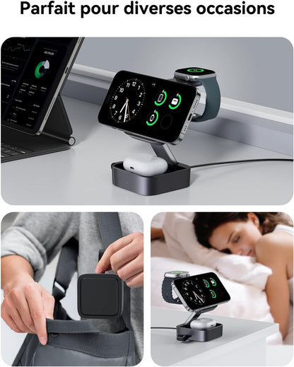 3-En-1 Station De Recharge Pour Apple, Magnétique Pliable Rapide Chargeur De Voyage Compatible Mag-Safe Pour Iphone 17E/17/16/15/14/13/12/Air Série, Apple Watch & Air-Pods Pro/4/3/2