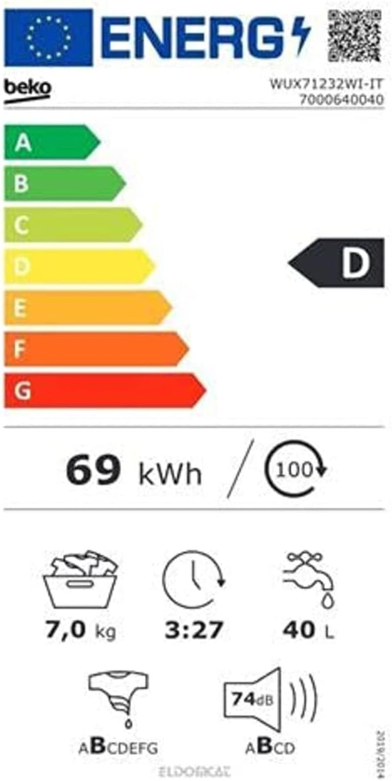 Beko - WUX71232WI-IT - Machine À Laver Standard 7 Kg, 1200 Tr/Min, 15 Programmes, Écran Smart Touch - Blanc, 60 X 49 X H84 Cm