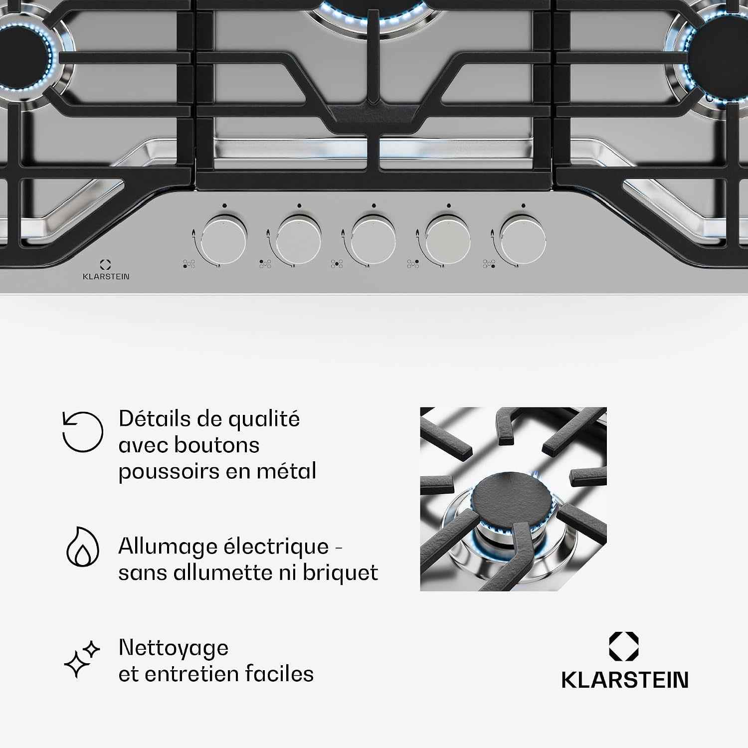 Klarstein Turbocast Plaque De Cuisson Gaz - 5 Brûleurs, Inox 304, 3.4Kw Wok, Allumage Auto & Sécurité, Kit Conversion GPL, Plaque Au Gaz Professionnelle