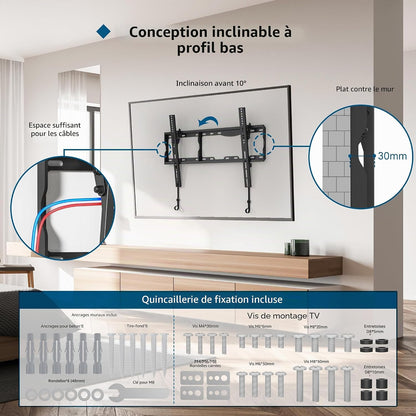 Support Mural TV Inclinable 17-86 Pouces, Charge 75 Kg | VESA 75X75 À 600X400Mm, Niveau À Bulle Et Attaches De Câble Inclus, Compatible Avec Écrans LCD, LED Et Plasma