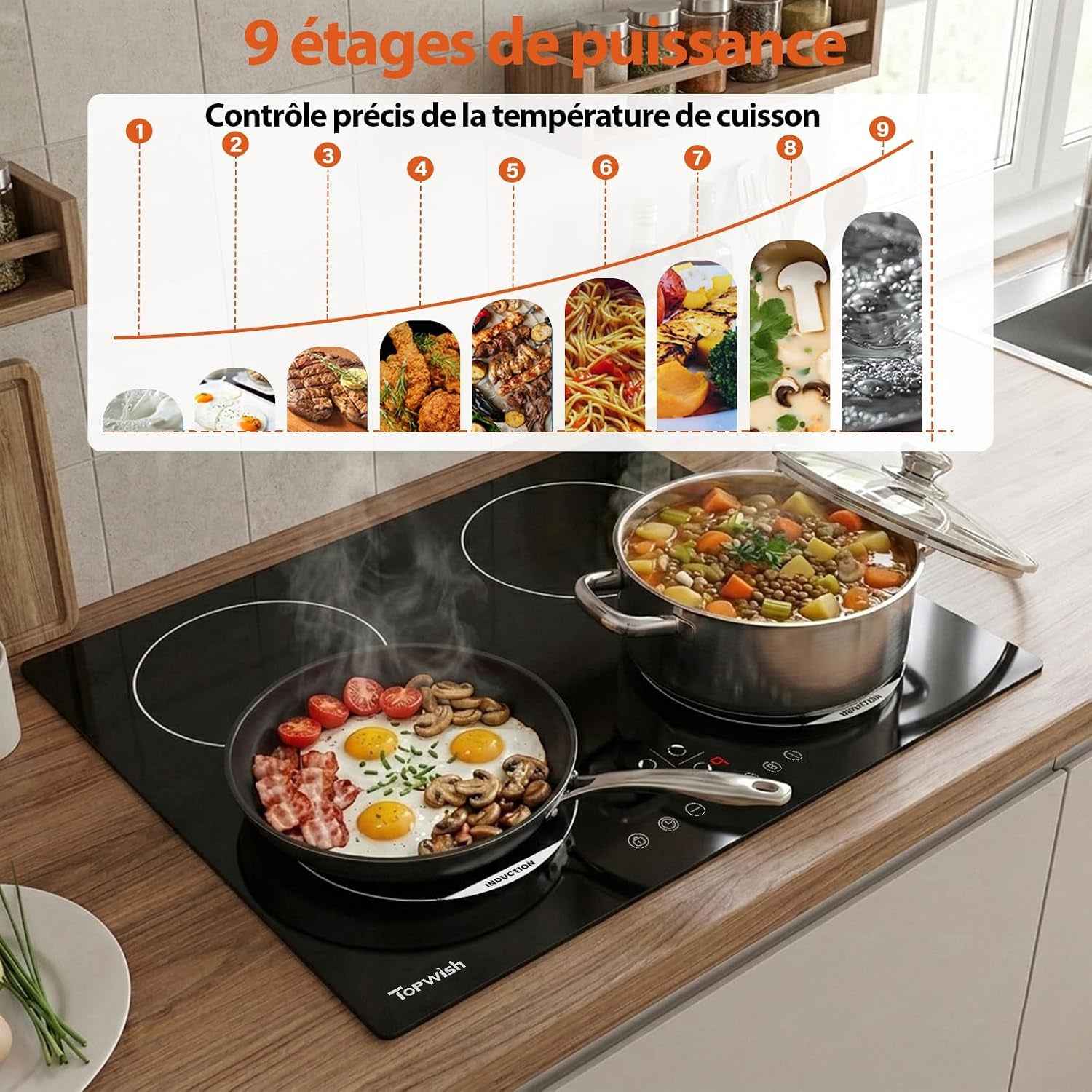 Plaque Induction 4 Feux, Plaque De Cuisson À Induction, 7200W | Plaque De Cuisson Induction 60Cm, Con 9 Niveaux, Boost, Voyant De Surface Chaude, Protection D'Extinction, Verrou De Sécurité