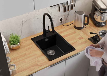 Evier Cuisine En Granit Noir - Riga, 38X50Cm | Lavabo 1 Bac + Kit De Vidage, Évier À Encastrer Au Meuble 40Cm (S035)