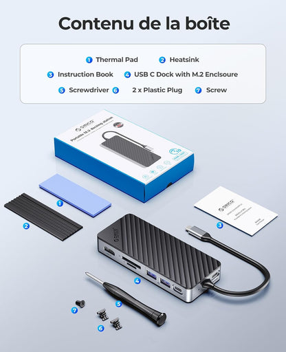 8-En-1 Station D'Accueil USB C Avec Boîtier SSD M.2, Hub USB C Avec SSD M.2 Nvme/Sata, Adaptateur Multiports USB 10Gbps, HDMI 4K@60Hz, 100W PD, SD/TF, Docking Station - OM28P