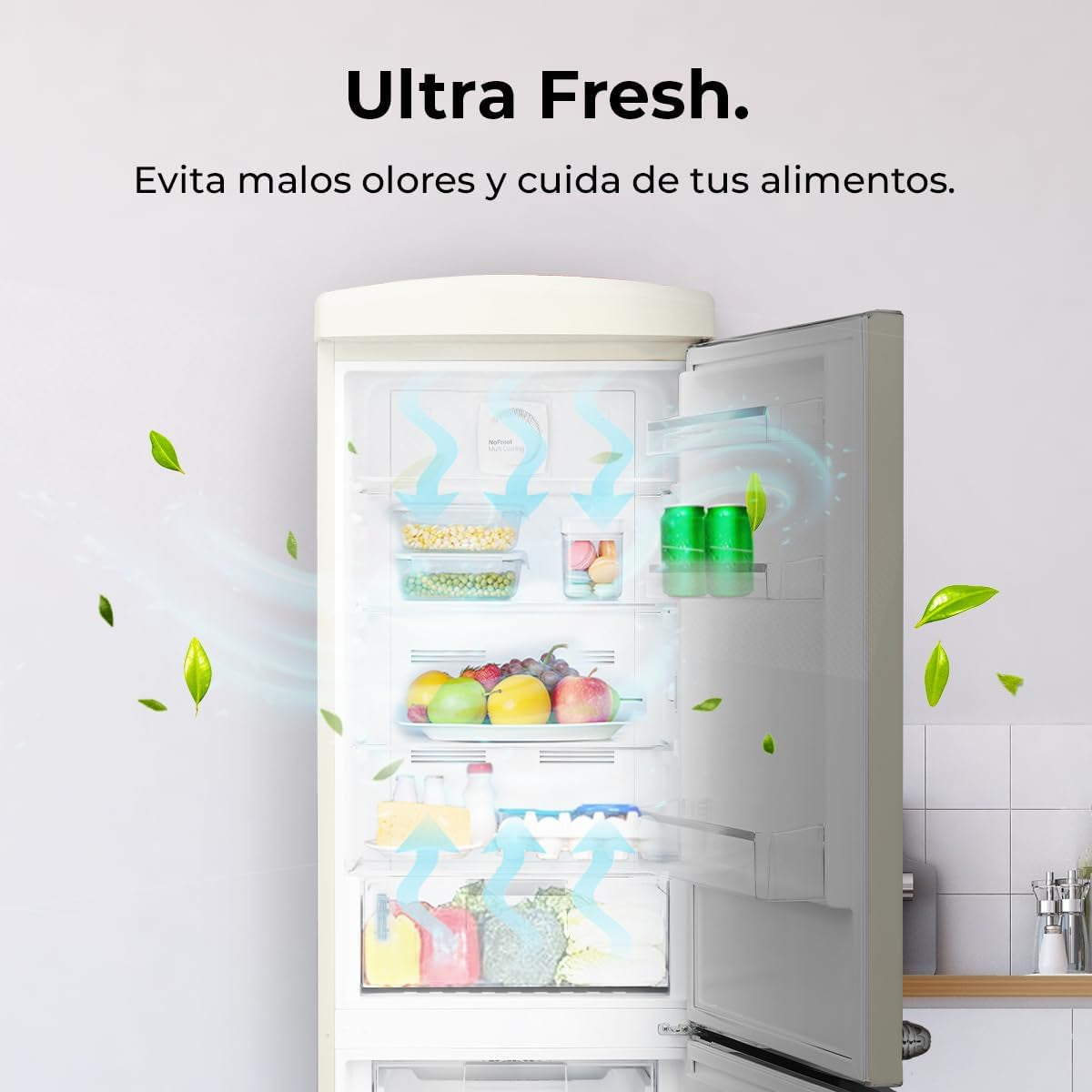 Réfrigérateur Combiné Rétro À Deux Portes 294 L Bolero Coolmarket Combi Origin 294 Beige. Hauteur 190 Cm Et Largeur 60 Cm, No Frost Total, Refroidissement Multiple, Ultra Fresh